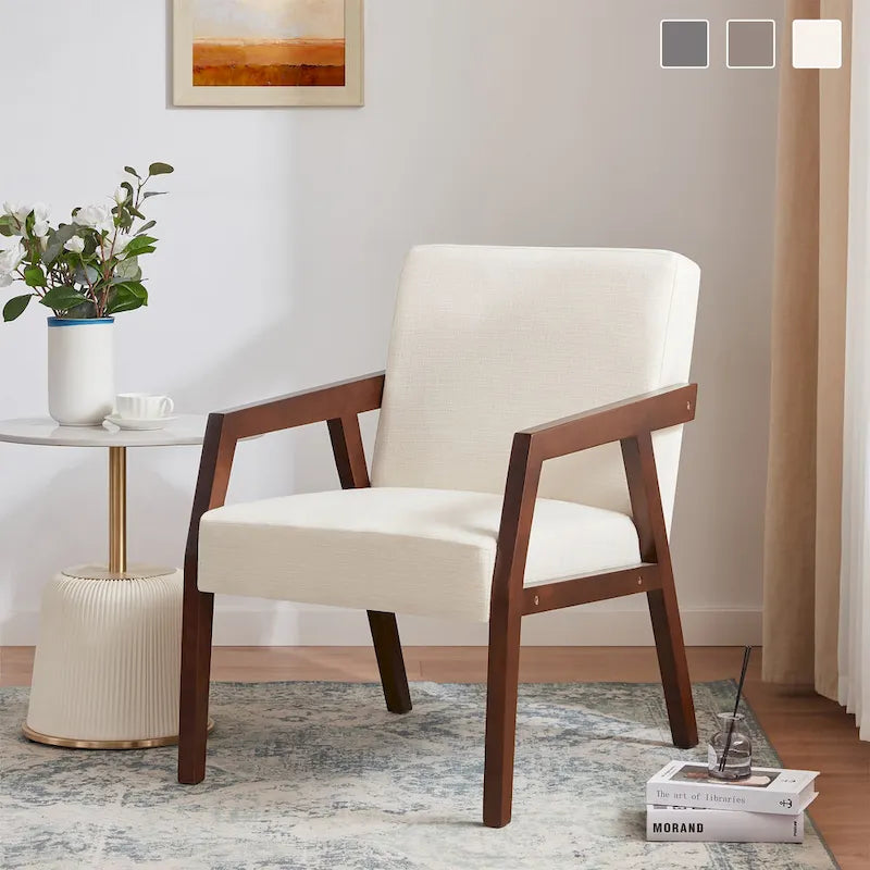 Poltrona d'accento con struttura in legno massello marrone e rivestimento bianco o blu, in stile moderno di metà secolo, per soggiorno o camera da letto