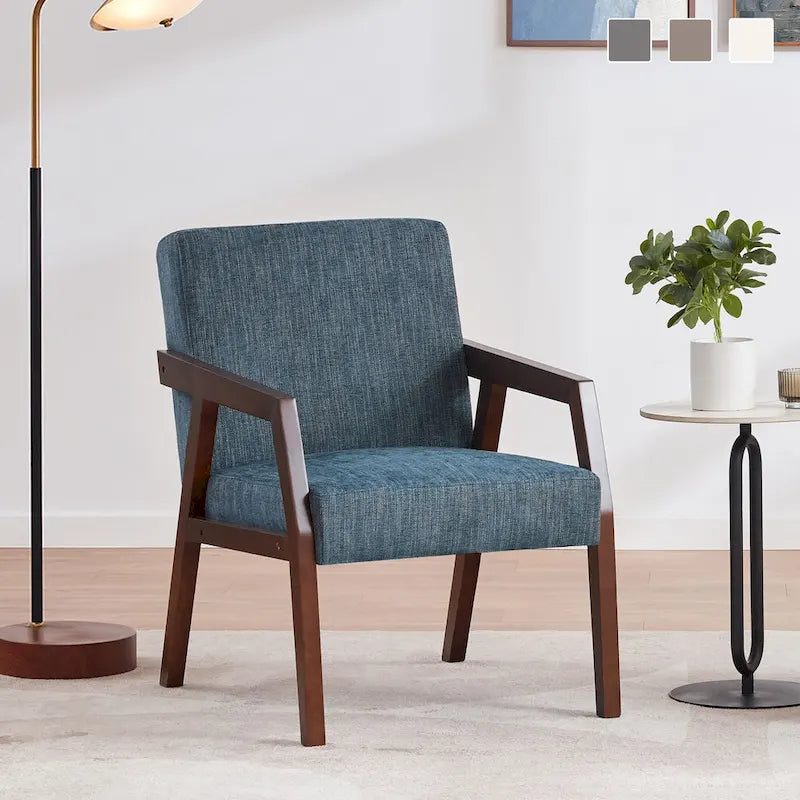 Poltrona d'accento con struttura in legno massello marrone e rivestimento bianco o blu, in stile moderno di metà secolo, per soggiorno o camera da letto