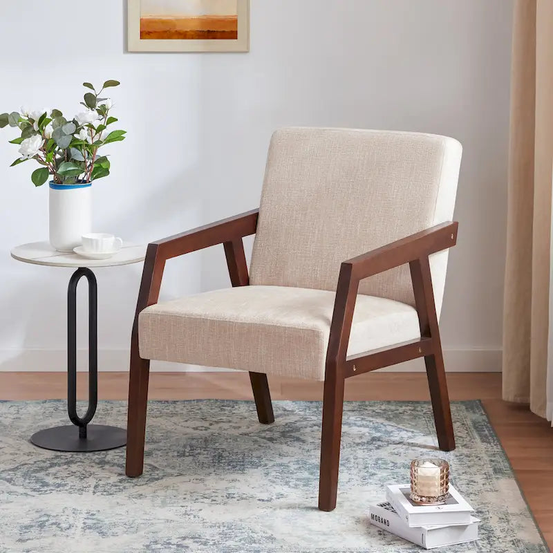 Poltrona d'accento con struttura in legno massello marrone e rivestimento bianco o blu, in stile moderno di metà secolo, per soggiorno o camera da letto