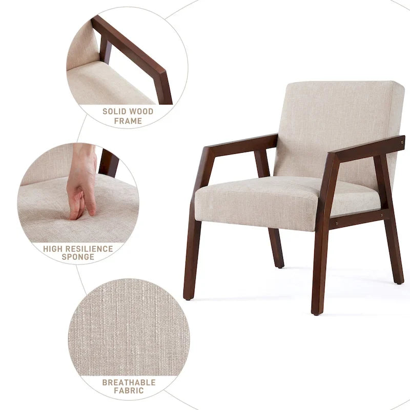 Poltrona d'accento con struttura in legno massello marrone e rivestimento bianco o blu, in stile moderno di metà secolo, per soggiorno o camera da letto