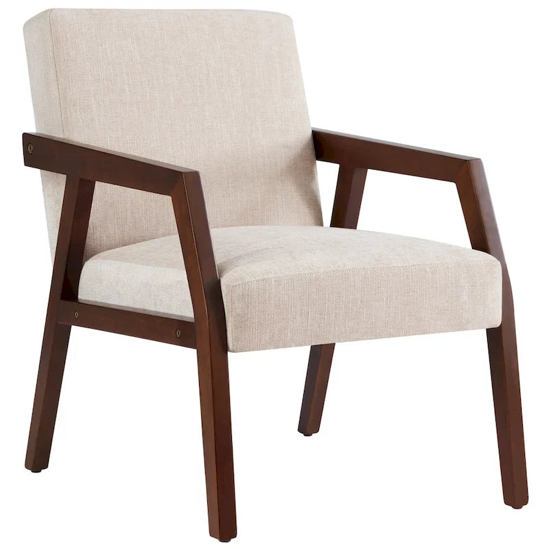Poltrona d'accento con struttura in legno massello marrone e rivestimento bianco o blu, in stile moderno di metà secolo, per soggiorno o camera da letto
