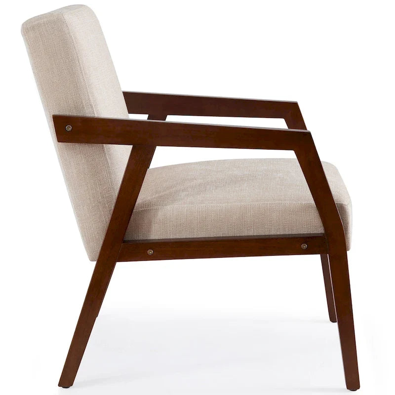Poltrona d'accento con struttura in legno massello marrone e rivestimento bianco o blu, in stile moderno di metà secolo, per soggiorno o camera da letto