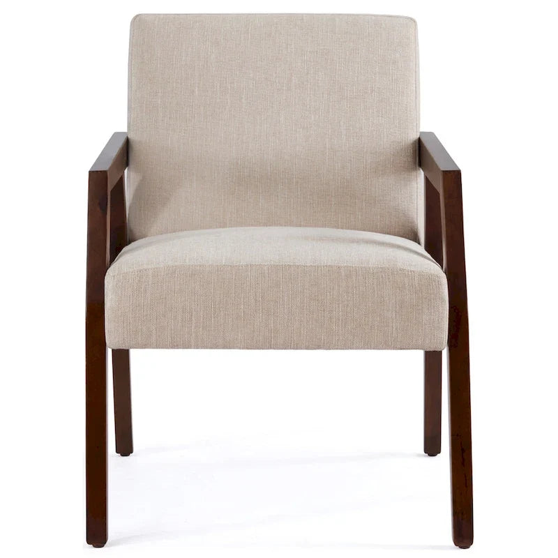 Poltrona d'accento con struttura in legno massello marrone e rivestimento bianco o blu, in stile moderno di metà secolo, per soggiorno o camera da letto