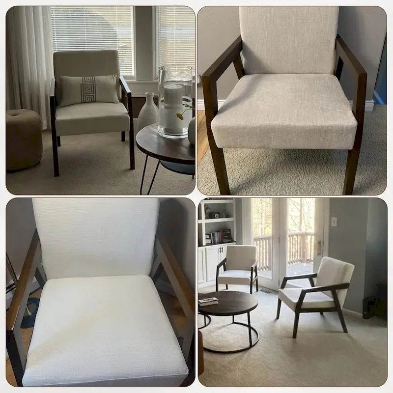 Poltrona d'accento con struttura in legno massello marrone e rivestimento bianco o blu, in stile moderno di metà secolo, per soggiorno o camera da letto