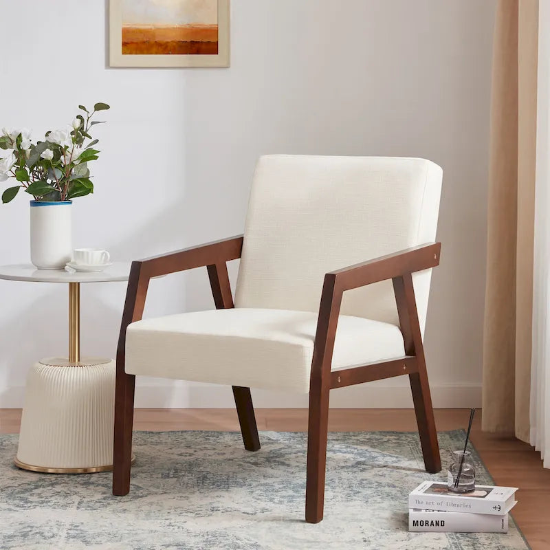 Poltrona d'accento con struttura in legno massello marrone e rivestimento bianco o blu, in stile moderno di metà secolo, per soggiorno o camera da letto