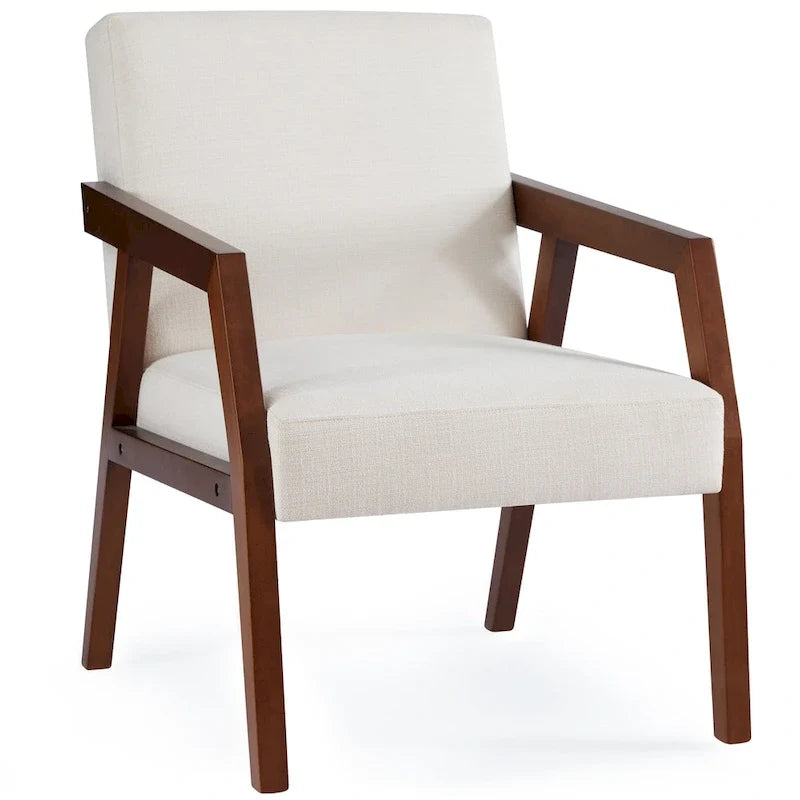 Poltrona d'accento con struttura in legno massello marrone e rivestimento bianco o blu, in stile moderno di metà secolo, per soggiorno o camera da letto