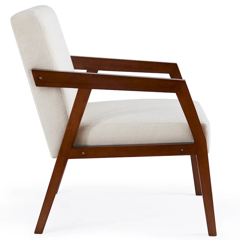 Poltrona d'accento con struttura in legno massello marrone e rivestimento bianco o blu, in stile moderno di metà secolo, per soggiorno o camera da letto