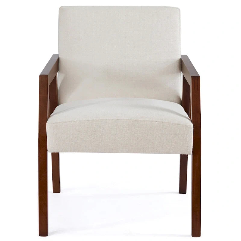 Poltrona d'accento con struttura in legno massello marrone e rivestimento bianco o blu, in stile moderno di metà secolo, per soggiorno o camera da letto