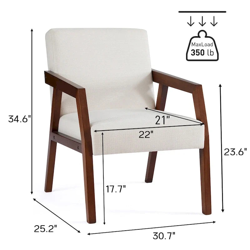 Poltrona d'accento con struttura in legno massello marrone e rivestimento bianco o blu, in stile moderno di metà secolo, per soggiorno o camera da letto