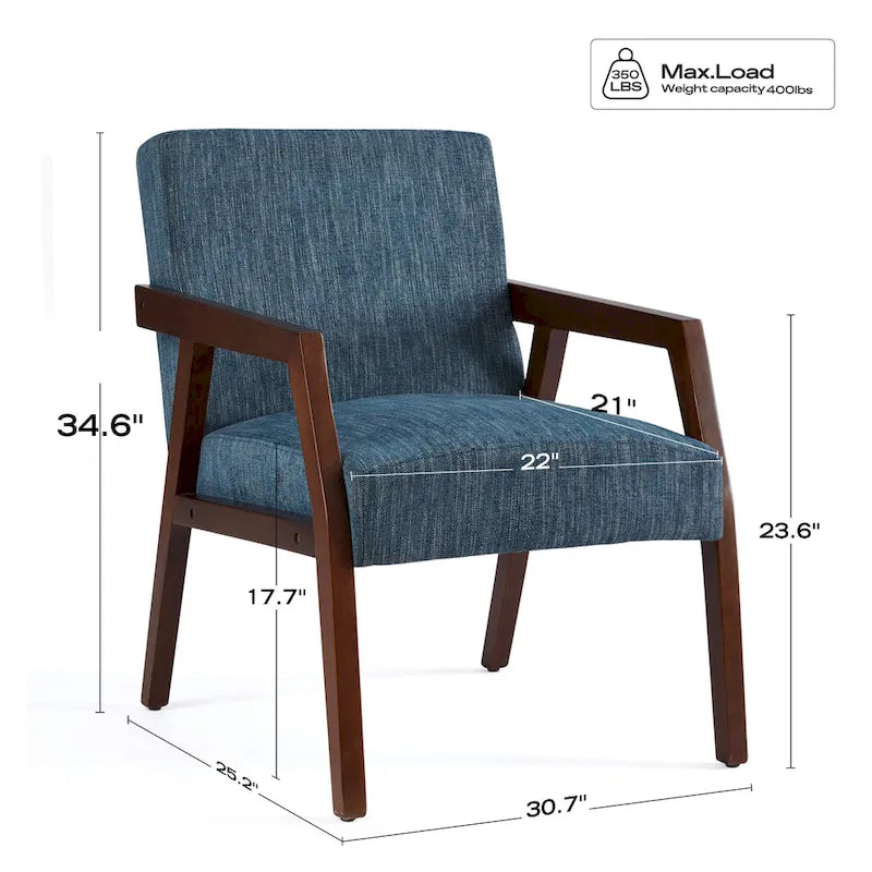 Poltrona d'accento con struttura in legno massello marrone e rivestimento bianco o blu, in stile moderno di metà secolo, per soggiorno o camera da letto