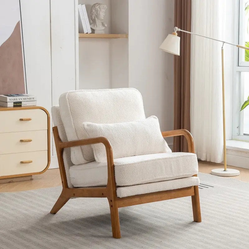 Poltrona decorativa in stile metà secolo in legno massello con rivestimento bouclé e cuscino