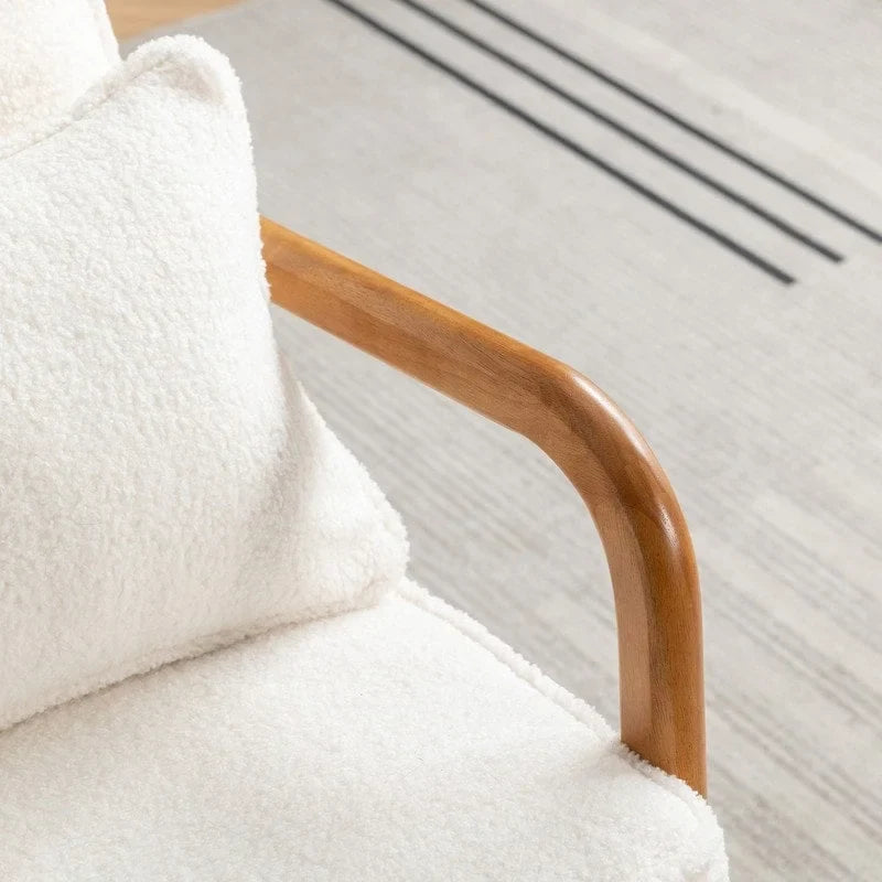 Poltrona decorativa in stile metà secolo in legno massello con rivestimento bouclé e cuscino
