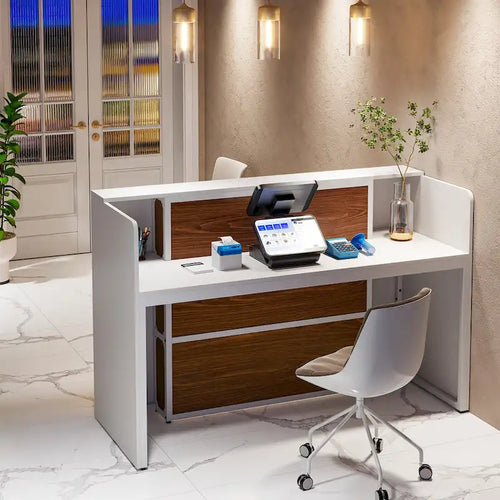Banco reception frontale con LED da 63 pollici e pannelli privacy, per casse di negozi, uffici, hall, punti vendita e cliniche