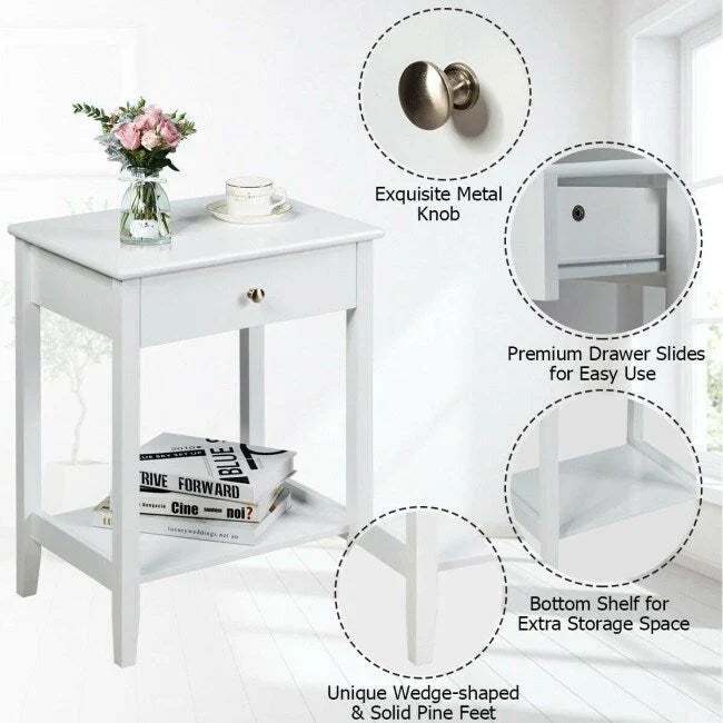 Comodino in legno, tavolino laterale contenitore ed espositore