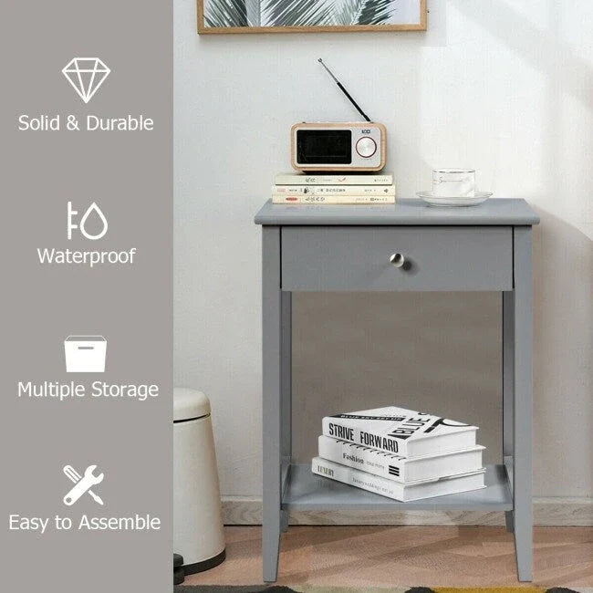 Comodino in legno, tavolino laterale contenitore ed espositore