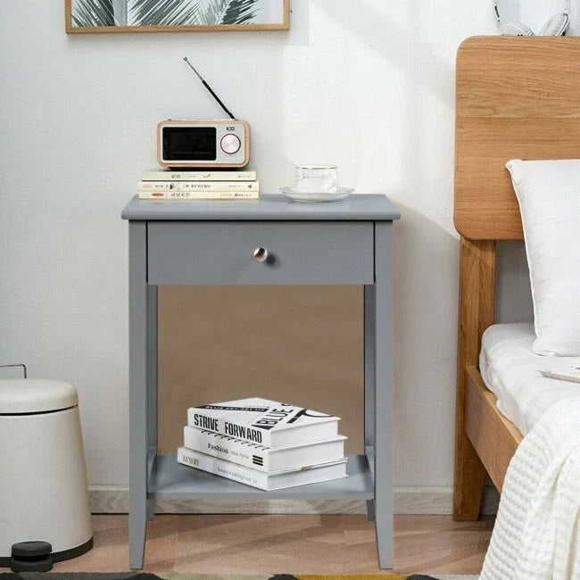 Comodino in legno, tavolino laterale contenitore ed espositore