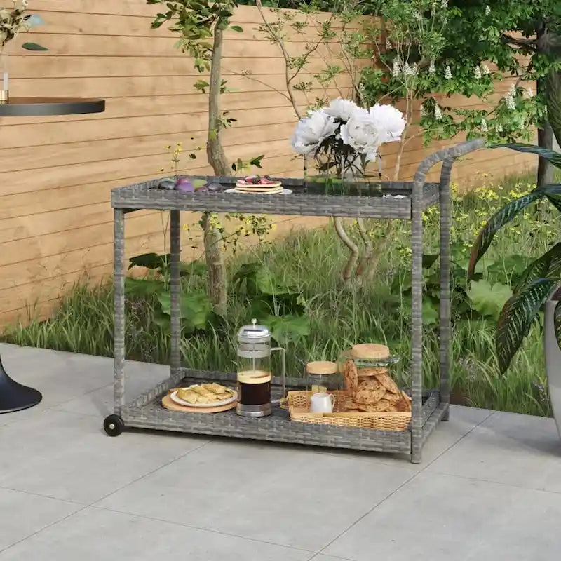 Outdoor Bar Cart 2-Tier Serving Cart Rolling Utility Cart PE Rattan - 39.4 x 17.7 x 32.7