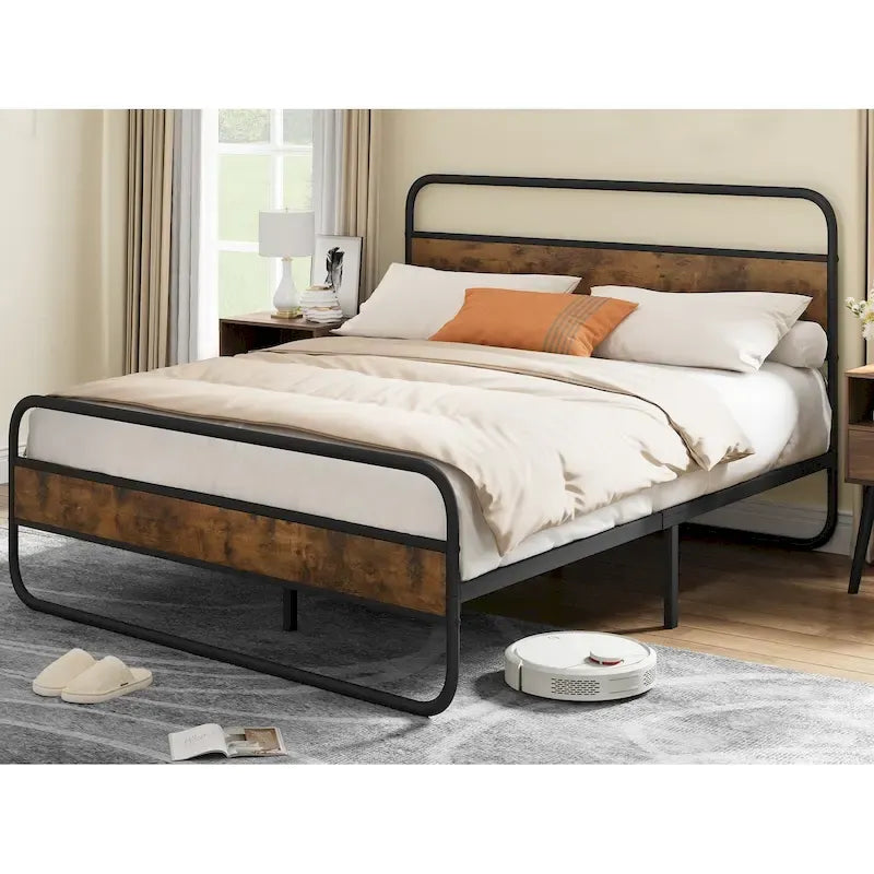Struttura letto a piattaforma in metallo con testiera in legno