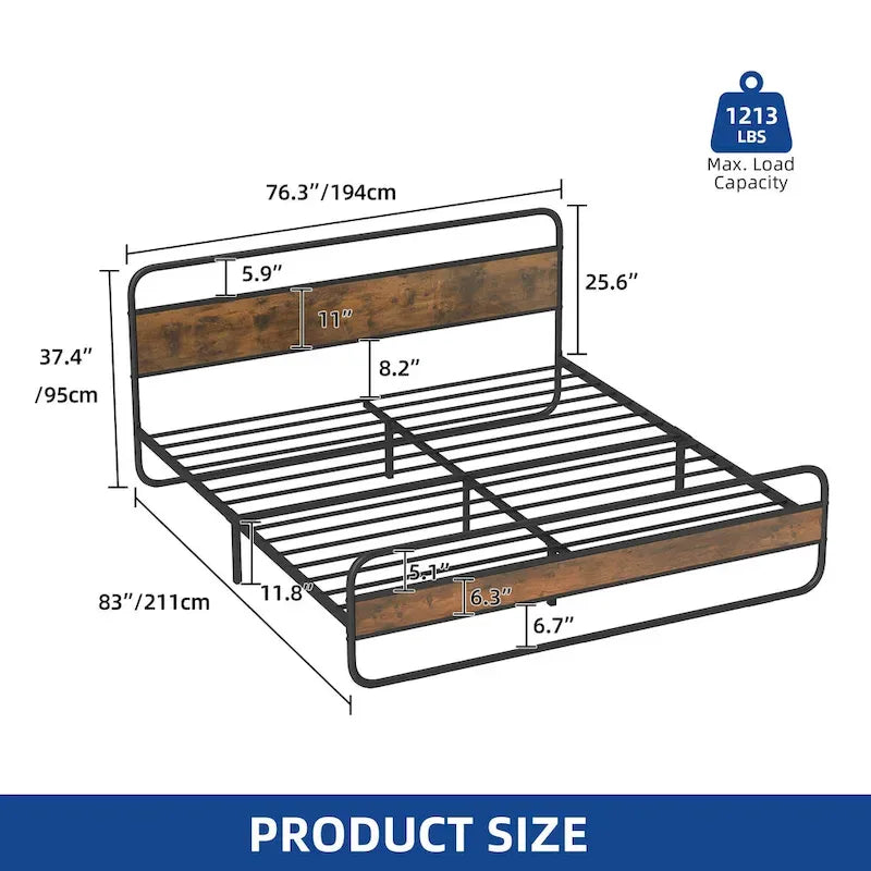 Metal Platform Bed Frame with Wooden Headboard