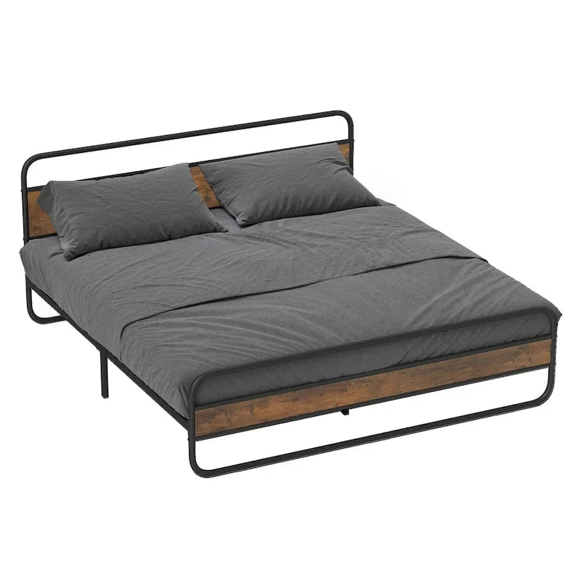 Metal Platform Bed Frame with Wooden Headboard