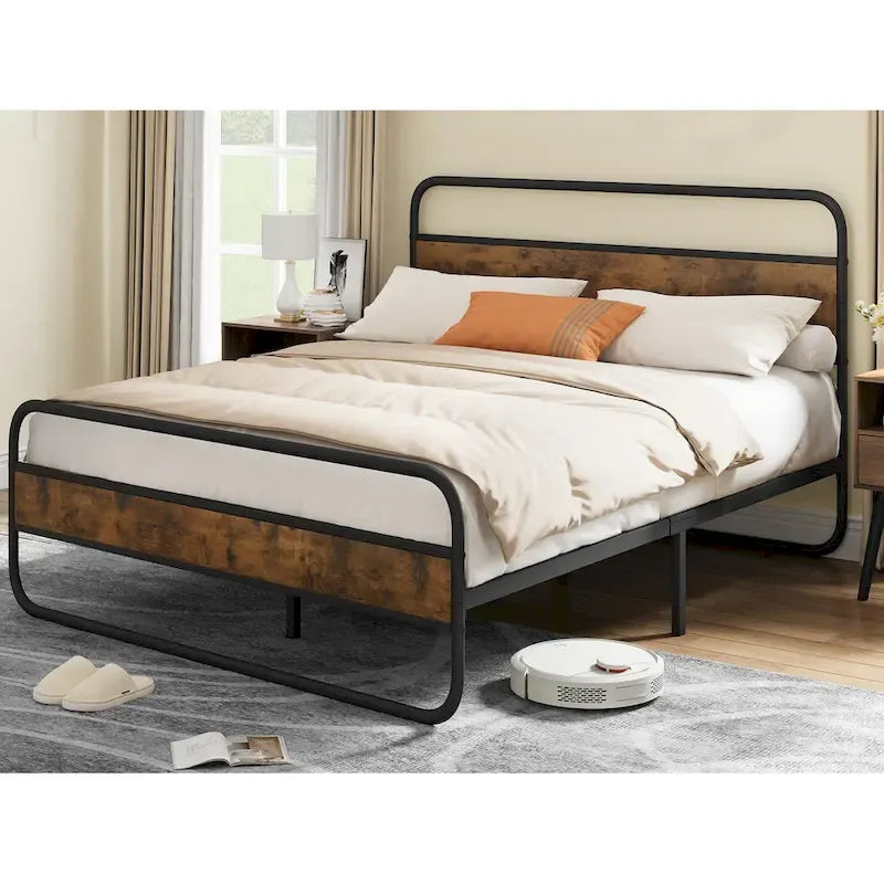 Metal Platform Bed Frame with Wooden Headboard