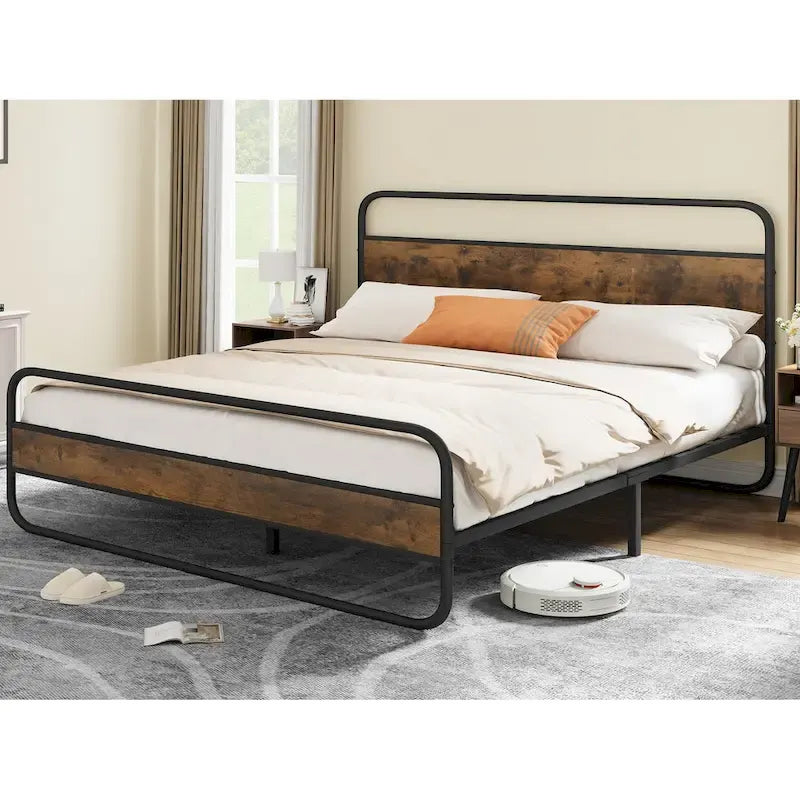 Metal Platform Bed Frame with Wooden Headboard