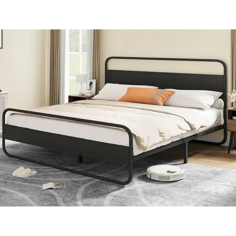 Metal Platform Bed Frame with Wooden Headboard