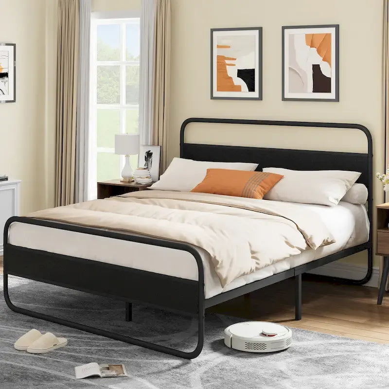 Metal Platform Bed Frame with Wooden Headboard