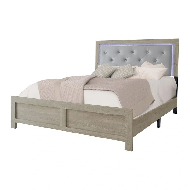 King Size Bed, Tufted and Upholstered Headboard, Light Gray Finish