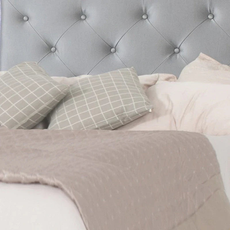 King Size Bed, Tufted and Upholstered Headboard, Light Gray Finish