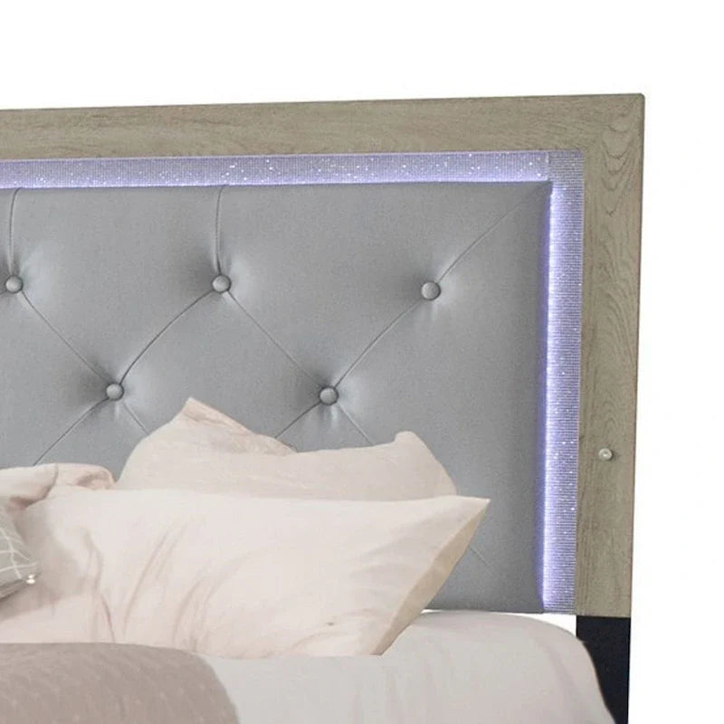 King Size Bed, Tufted and Upholstered Headboard, Light Gray Finish