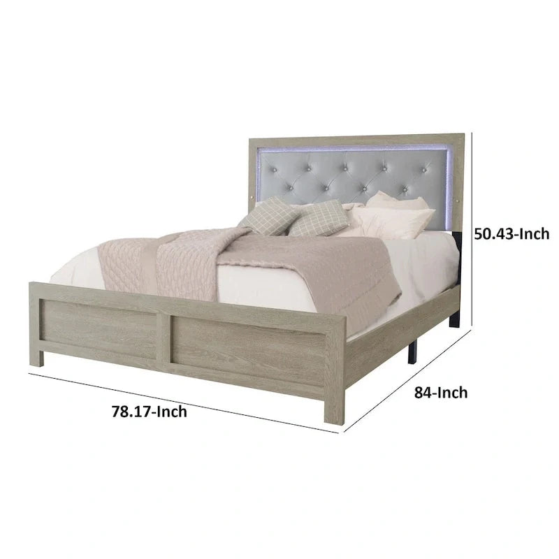 King Size Bed, Tufted and Upholstered Headboard, Light Gray Finish