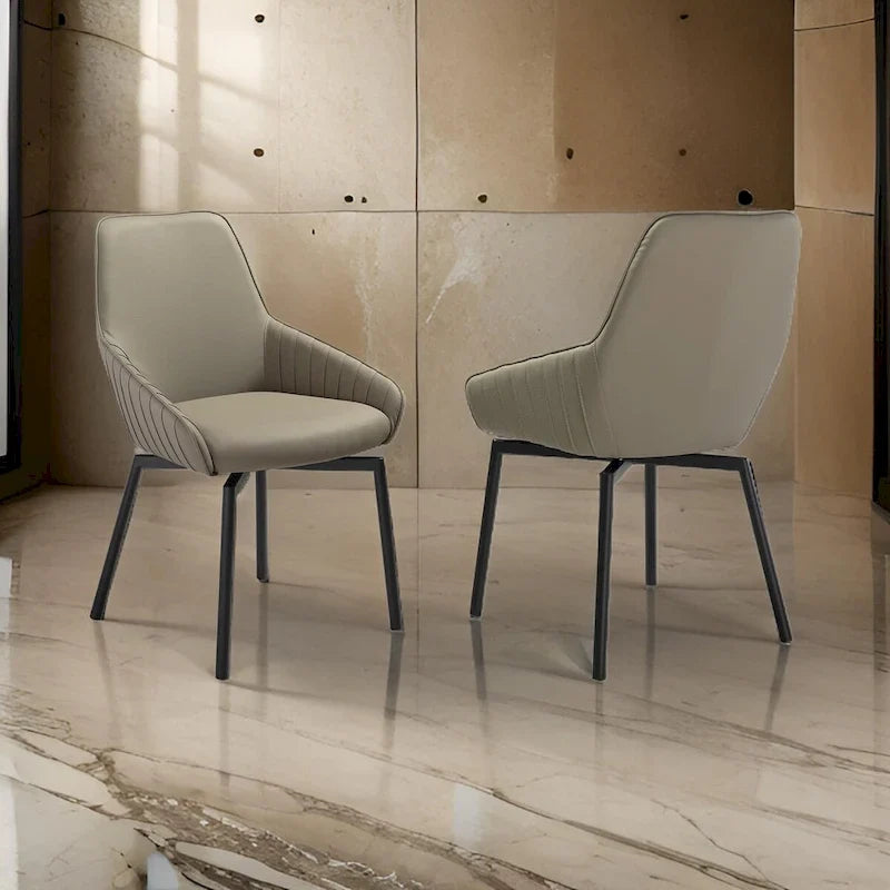 Shin 23 Inch Swivel Dining Chair Set of 2, Curved, Gray Faux Leather, Black