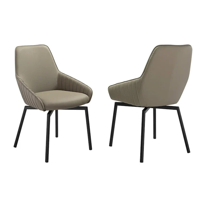 23 Inch Swivel Dining Chair Set of 2, Curved, Gray Faux Leather, Black