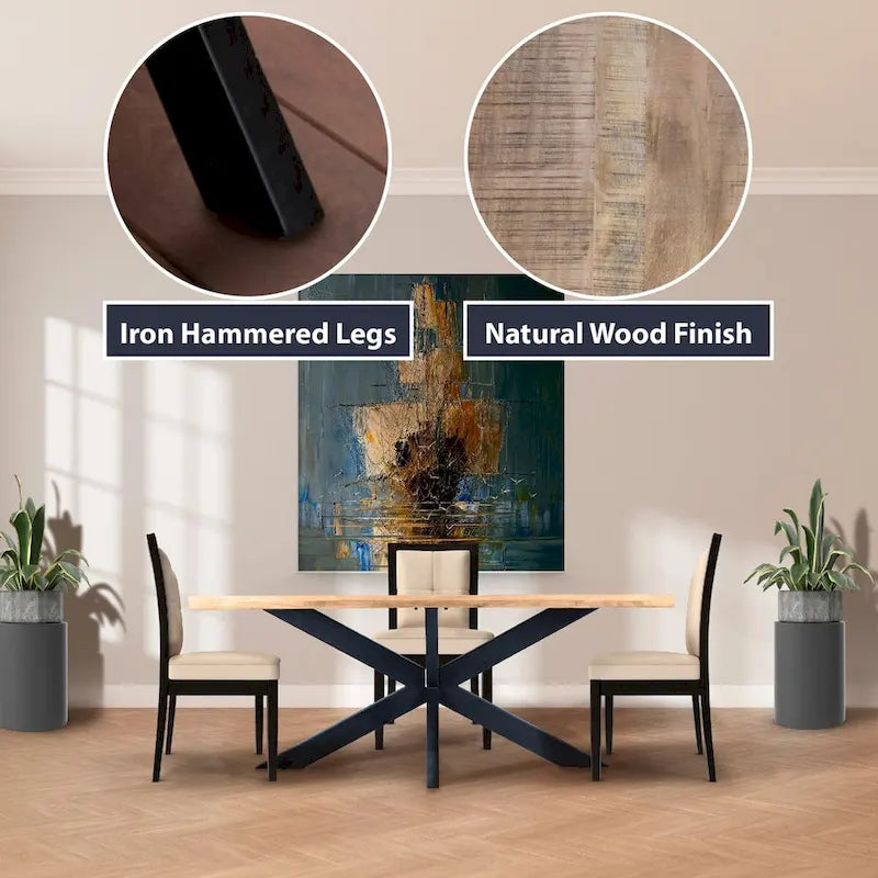 Sophisticated Dining Rectangle Table with Mango Wood Top and Metal Spider Leg Design, 63-Inch
