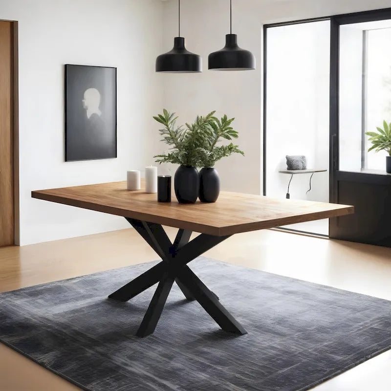 Sophisticated Dining Rectangle Table with Mango Wood Top and Metal Spider Leg Design, 63-Inch