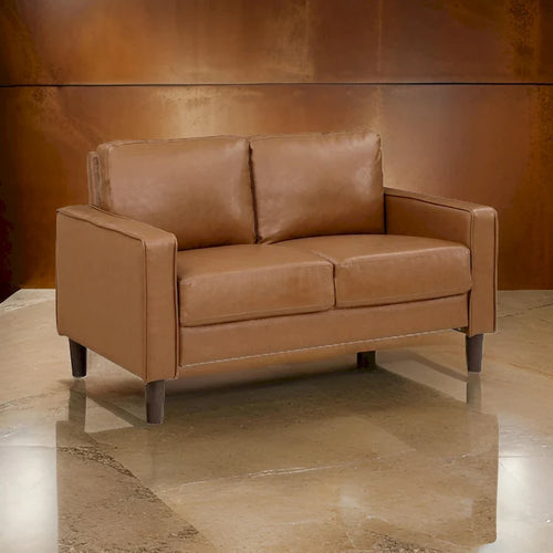 Stark 54 Inch Loveseat, Brown Faux Leather, Track Style Arms, Solid Wood