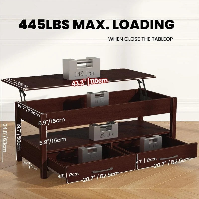 Stolik kawowy z podnoszonym blatem - 19.7D x 43.3W x 24.8H