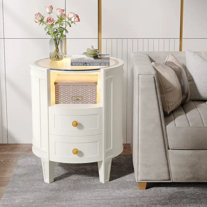 Comodino/tavolino laterale a 2 cassetti con ripiano aperto e luci LED per camera da letto o soggiorno