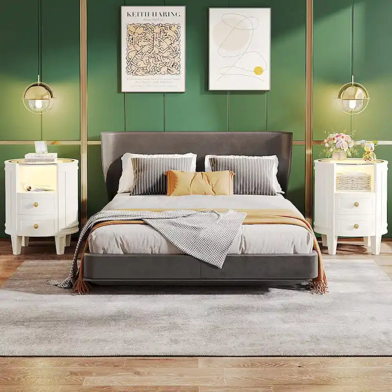 Comodino/tavolino laterale a 2 cassetti con ripiano aperto e luci LED per camera da letto o soggiorno